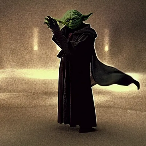 Image similar to a film still of yoda as a sith lord wearing black attire realistic, detailed