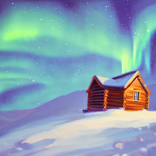 Image similar to an oil painting of a small log cabin in a snow covered, mountainous landscape below a night sky displaying the northern lights, mountains in the background, trending on artstation