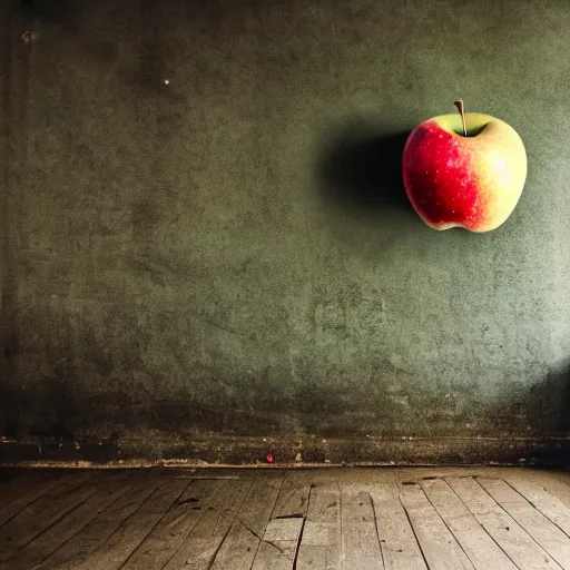 Prompt: a giant rancid apple floating in an abandoned room