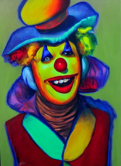 Prompt: clown, asymmetric, oil paint, high contrast, bright colors, by the student