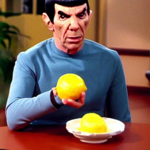 Prompt: Spock eating a lemon, still from 90s tv