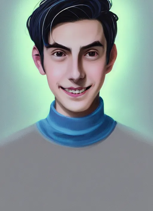 Image similar to portrait of teenage jughead jones wearing a light grey crown, crown, blue turtleneck, closed eyes, eyes closed, smile, crown, black hair, intricate, elegant, glowing lights, warm lighting, highly detailed, digital painting, artstation, concept art, smooth, sharp focus, illustration, art by wlop, mars ravelo and greg rutkowski