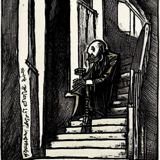 Image similar to count orlok smoking weed on the stairs