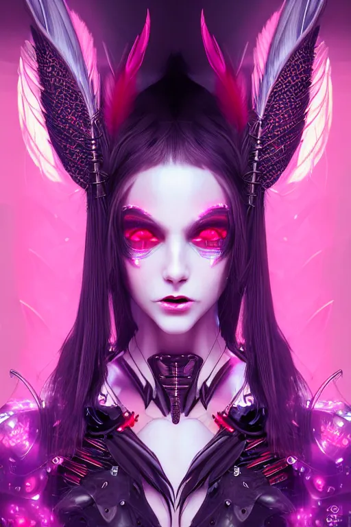 Image similar to portrait futuristic Devil Girl with horns and wings and feathers and armor, stuuing smile, in future cyberpunk tokyo rooftop , ssci-fi, fantasy, intricate, very very beautiful, elegant, human anatomy, human structure, neon light, highly detailed, digital painting, artstation, concept art, smooth, sharp focus, illustration, art by tian zi and WLOP and alphonse mucha