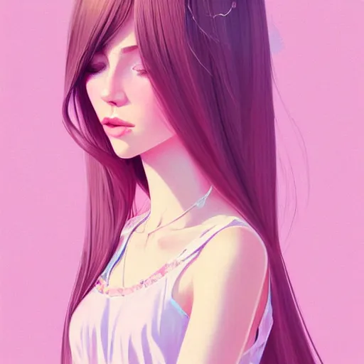 Image similar to young female in summer dress art, pastel light pink long hair, muted colors, matte print, pastel colors, ornate, digital art, digital painting, fan art, elegant, artstation, head is centered, by Ilya Kuvshinov