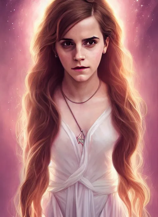 Image similar to emma watson as magic healer goddess, long hair, white and pink cloth, D&D, shiny background, intricate, elegant, highly detailed, digital painting, artstation, concept art, smooth, sharp focus, illustration, artgerm, bouguereau