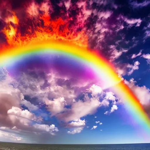 Image similar to Wide-angle shot of an epic sky battle between teams of dragons breathing rainbow fire at one another, over a weltering sea of magic.