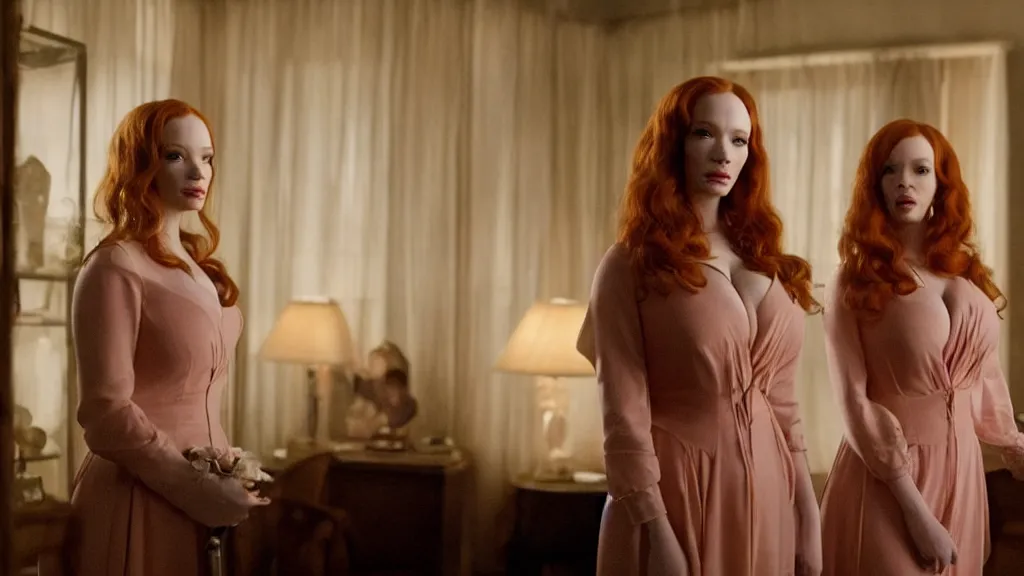 Image similar to a very surprised beautiful Christina Hendricks and her twin sister in the living room, film still from the movie directed by Denis Villeneuve with art direction by Salvador Dalí, wide lens