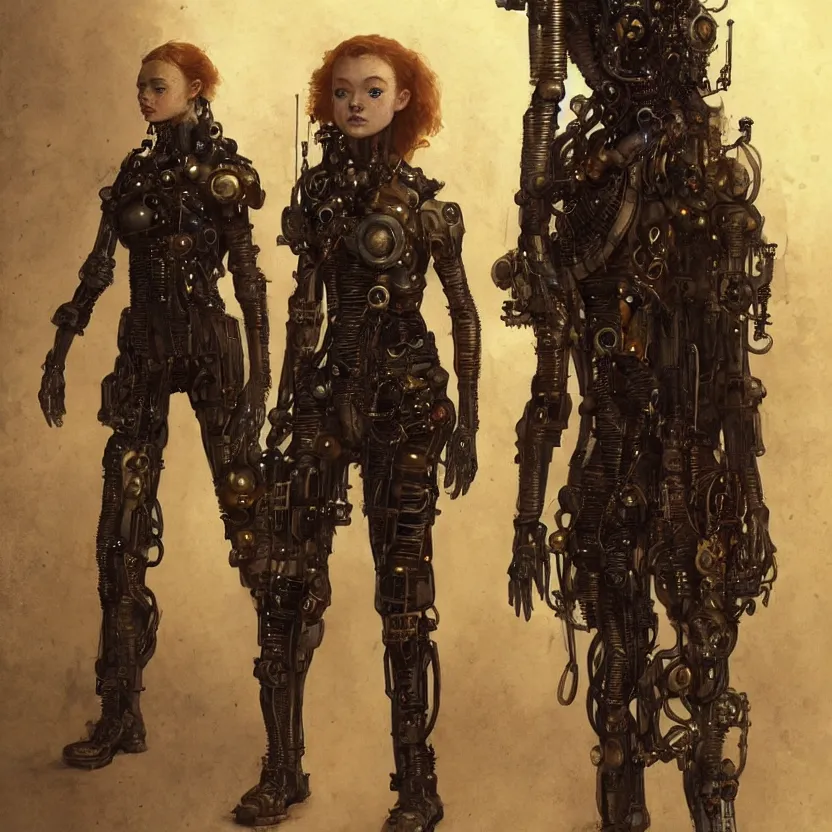 Prompt: sadie sink as barely human steampunk cyborg : costume design concept art for a scifi cyberpunk film. by greg rutkowski, john j. park, jason chan, noah bradley, feng zhu, gintas galvanauskas, gustave courbet, rosa bonheur, edward hopper. sharp focus, cinematic atmosphere, detailed and intricate, perfect anatomy