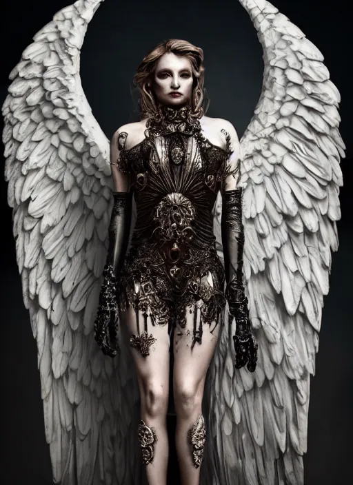 Image similar to expressive full body photo of an angel, glamour shot, by stefan gesell, photorealistic, canon r 3, fashion photography, hyper maximalist, elegant, ornate, luxury, elite, environmental portrait, symmetrical features, octane render, unreal engine, solid dark grey background, dramatic lights