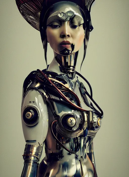 Image similar to portrait of futuristic geisha cyborg, kintsugi, modern fine art, fractal, intricate, elegant, highly detailed, digital photography, subsurface scattering, in the style of ghost, by jheronimus bosch and frank miller and greg rutkowski,