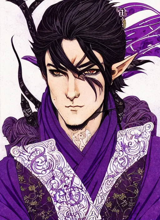 Prompt: half body portrait of a handsome brunette male elven warrior in black and purple. detailed, wearing kimono armour, by conrad roset, takato yomamoto, jesper ejsing, masamune shiro