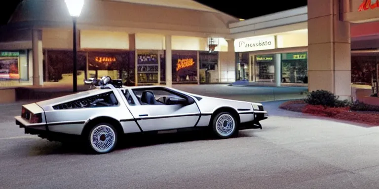 Prompt: photorealistic cinematography of a photorealistic Scientifically accurate Delorean parked at night in the Twin Pines Mall in the year 1985 with one door open