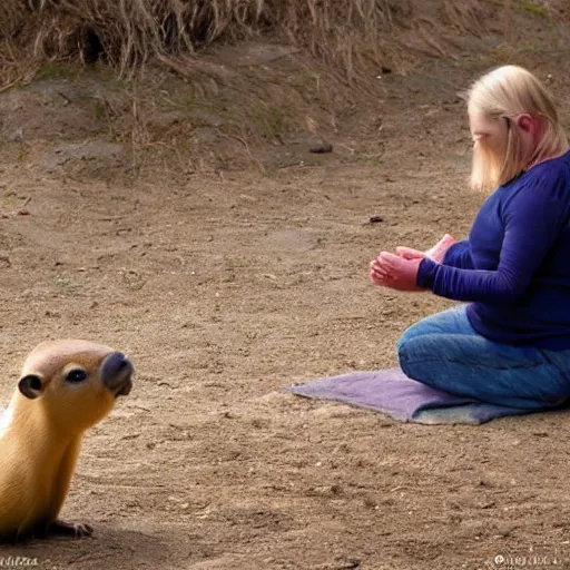 Image similar to woman praying to a capybara that is sitting on a pedastal