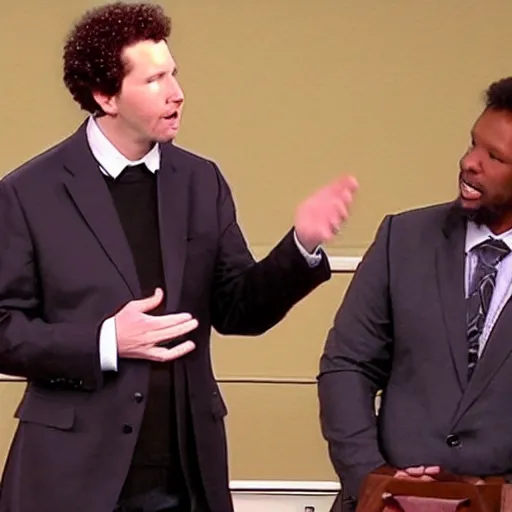 Prompt: Theologian John Calvin lectures a very embarrassed Joel Osteen