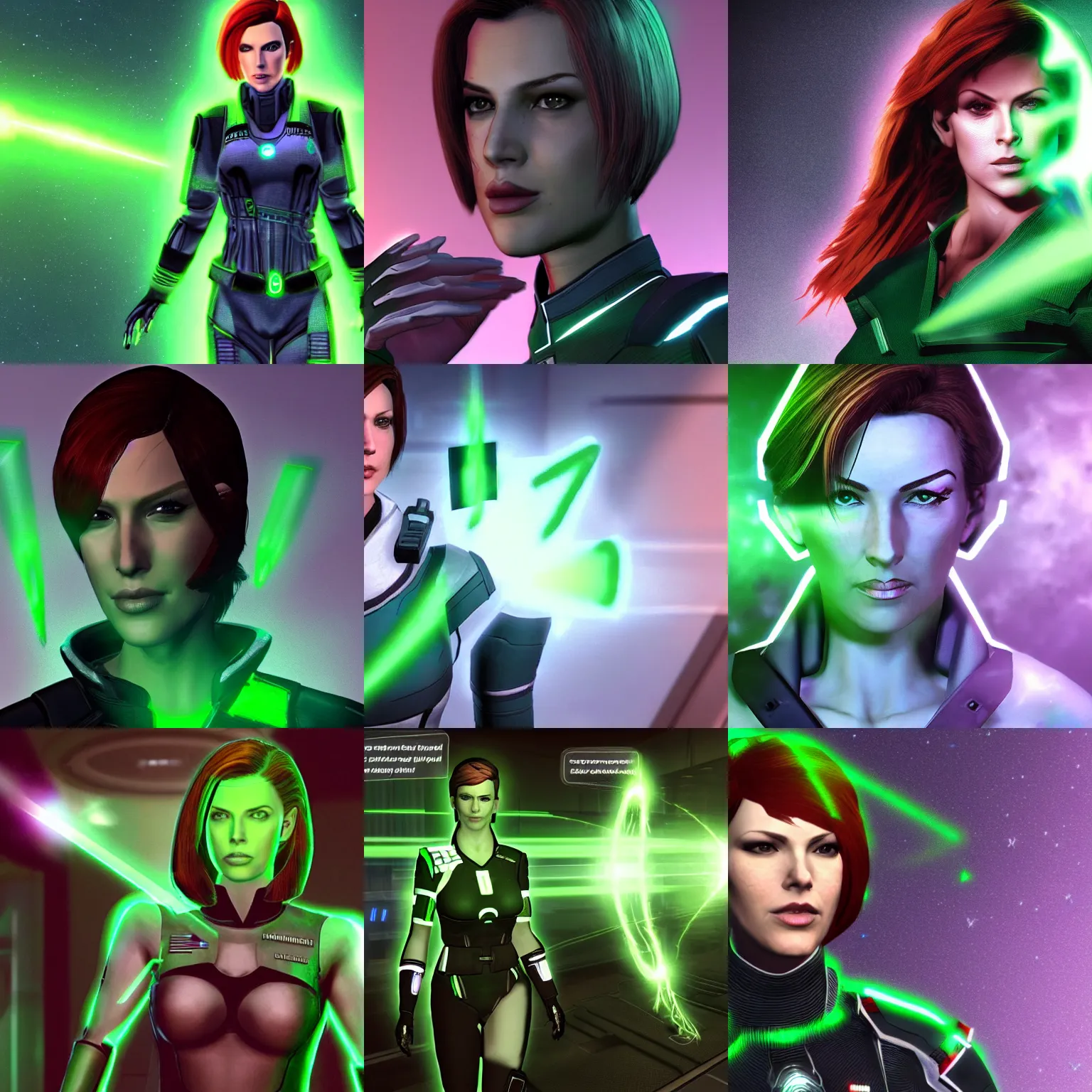 Prompt: Commander Shepard female dissolves into a green beam and turns into a code