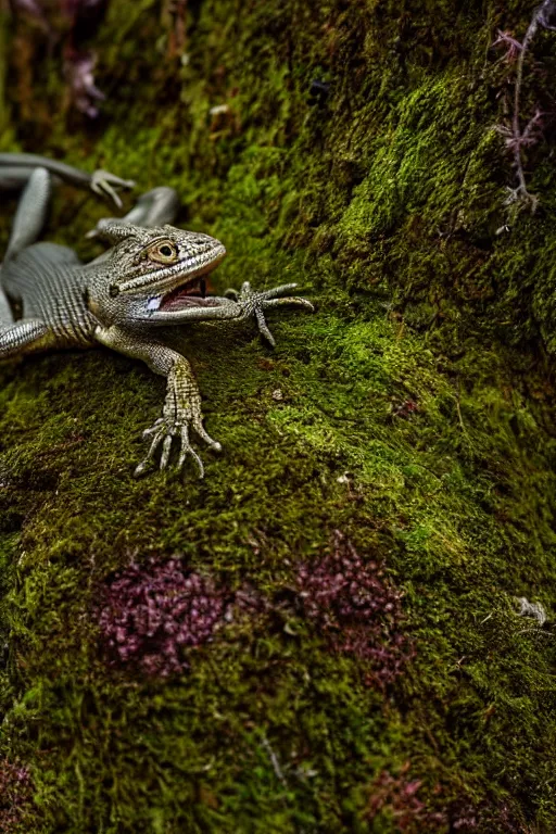 Image similar to a macro portrait photo of a gentleman lizard wearing a monocle and a top hat lounging on a moss covered rock, shiny scales, moss and vegetation, ancient forest, close - up, intricate details, intricately detailed textures, warm lighting, vivid colors, smoke and mist, hyper realistic octane render, volumetric shading, depth of field, raytracing, 8 k,