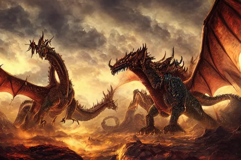 Image similar to ultra realist soft painting of an epic army facing a gigantic dragon, very intricate details, golden ratio, volumetric rainbow lighting, reflections, refractions, symmetry accurate anatomy features, fantasy war scene background, unreal render, Boris Vallejo artstyle