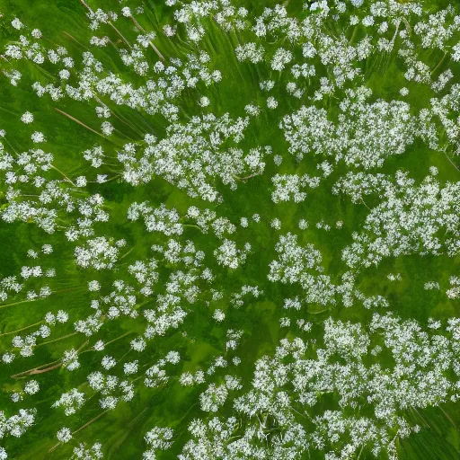 Image similar to A wide-up shot of a sea of withe dandelions with green wind blowing, anime style, Studio Ghibli style, cel shading, 4k, artistic and detailed,