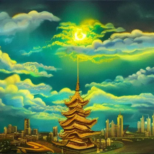 Image similar to beautiful oil painting of golden eastern dragon alone in sky, green lightning, night clouds, above city