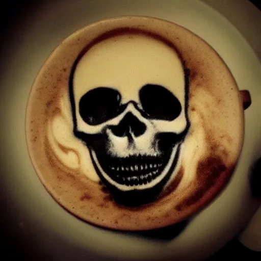 Image similar to skull, latte art, sinister lighting