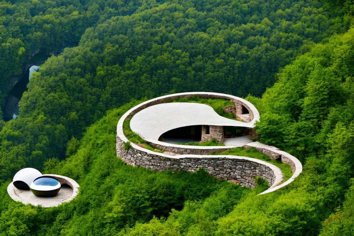 Prompt: Ellipse-shaped house with round windows, built on a large cliff near a forest. A thin stone bridge goes over the cliff. View from afar, 8k, 16k, architecture photo, high details