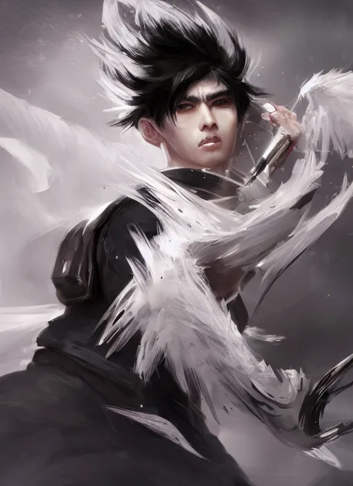 Image similar to a highly detailed illustration of fierce short white haired parted through the middle young attractive asian man, wearing hakama, with black sclera eyes, heroically battle posing, intricate, elegant, highly detailed, centered, digital painting, artstation, concept art, smooth, sharp focus, league of legends concept art, WLOP