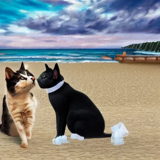 Prompt: a cat and dog getting married by the beach real life, hyper realistic, realistic, 4 k, 8 k uhd, intricate details, detailed, great detail