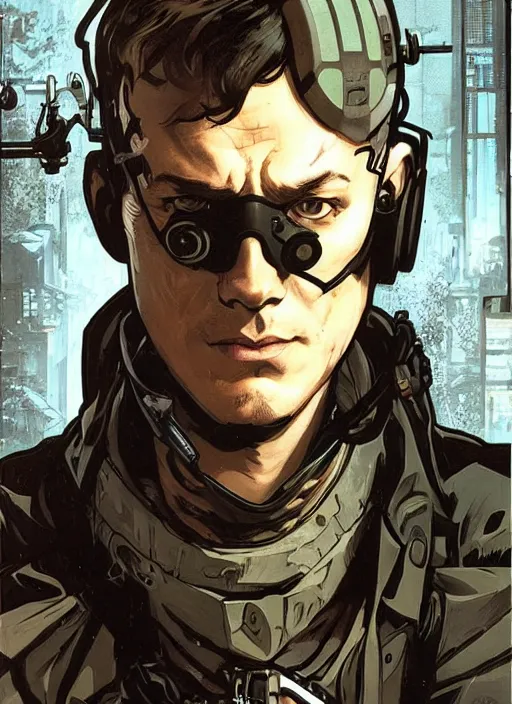 Image similar to cyberpunk blackops spy. vernon. stealth tech. portrait by ashley wood and alphonse mucha and laurie greasley and josan gonzalez and james gurney. spliner cell, apex legends, rb 6 s, hl 2, d & d, cyberpunk 2 0 7 7. realistic face. dystopian setting.