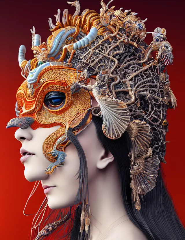 Image similar to 3 d goddess close - up profile portrait with crown, ram skull. beautiful intricately detailed tribal japanese crow kitsune mask and clasical japanese kimono. betta fish, jellyfish phoenix, bio luminescent, plasma, ice, water, wind, creature, artwork by tooth wu and wlop and beeple and greg rutkowski