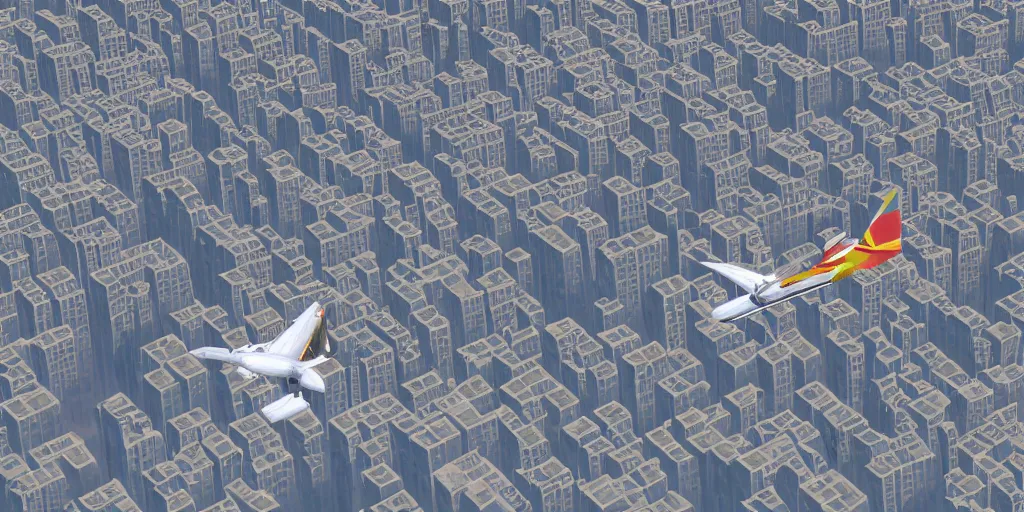 Image similar to PS1 game, plane flying over city