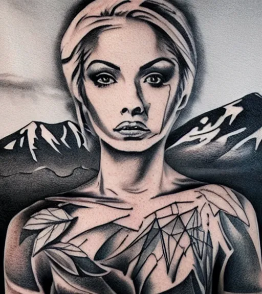 Image similar to realism tattoo sketch of a isabelledeltore face double exposure mountain scenery, in the style of matteo pasqualin, amazing detail, sharp, faded