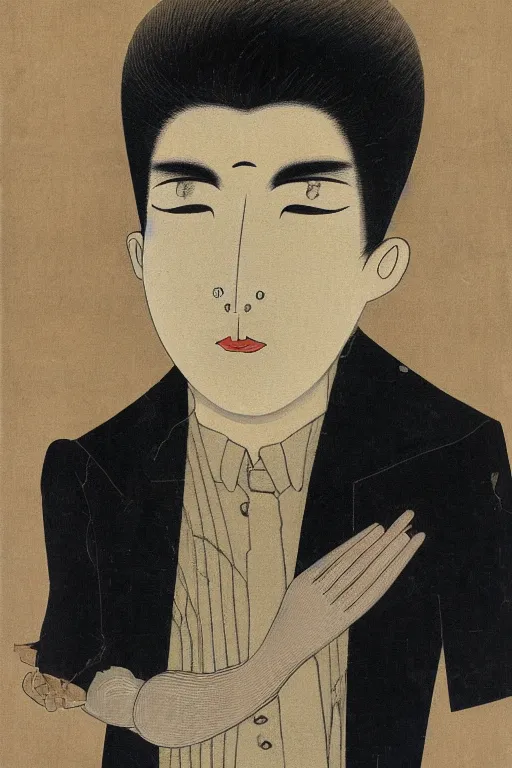 Prompt: portrait of young man wearing black medical mask, style of tsuguharu foujita