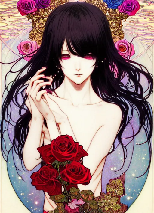 Image similar to exquisite imaginative manga poster art of a vampire girl, roses, pearlescent, shimmering, reflective, rim light, detailed background, by kojima ayami, akihiko yoshida, minaba hideo, alphonse mucha, art nouveau, illustration, artstation, concept art, highly detailed, colorful, maximalist