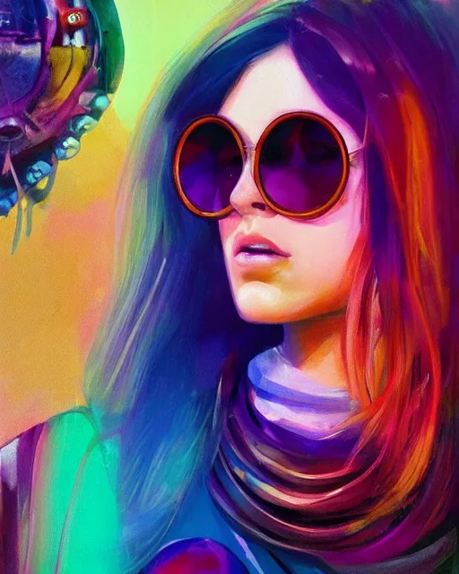 Prompt: colorful portrait of a female hippie with round sunglasses, set in the future 2 1 5 0 | highly detailed | very intricate | symmetrical | professional model | cinematic lighting | award - winning | painted by mandy jurgens | pan futurism, dystopian, bold psychedelic colors, cyberpunk, groovy vibe, anime aesthestic | featured on artstation
