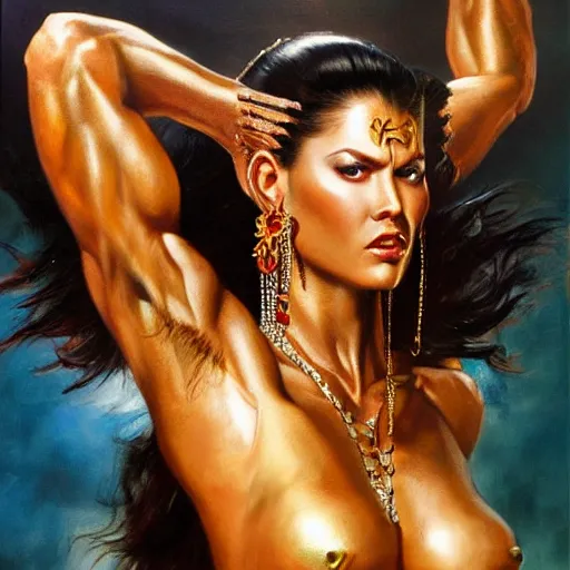 Prompt: detailed oil painting of tall hyper - muscular shining bronze - skinned warrior woman with silver eyes, wearing xena armor, full body, with long wavy flowing black hair and big gold earrings, jewelry, red lipstick, makeup, feminine, volumetric lighting, dynamic composition, art by boris vallejo, heavy metal magazine