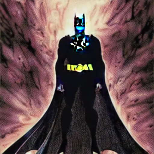 Image similar to the batman appearing out of the shadows, artwork by jim lee, frightening, fear, scary, intimidating, digital art