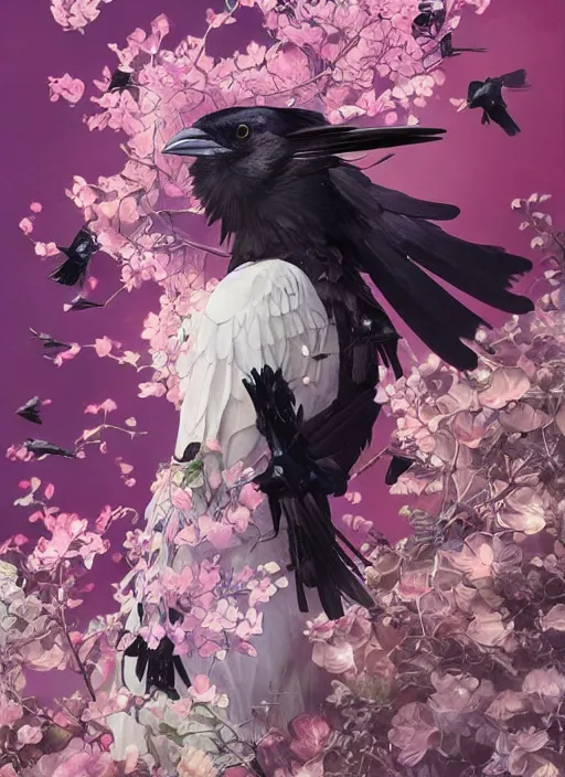 Image similar to portrait of black raven bird, flowers, pink spike aura in motion, floating pieces, painted art by tsuyoshi nagano, greg rutkowski, artgerm, alphonse mucha, spike painting