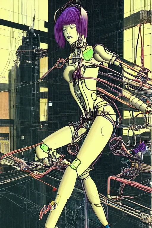 Image similar to a perfect cyberpunk illustration of a female android seated on the floor in a tech labor, seen from the side with her body open showing cables and wires coming out, by masamune shirow, hajime sorayama and katsuhiro otomo, japan, 1980s, dark, colorful