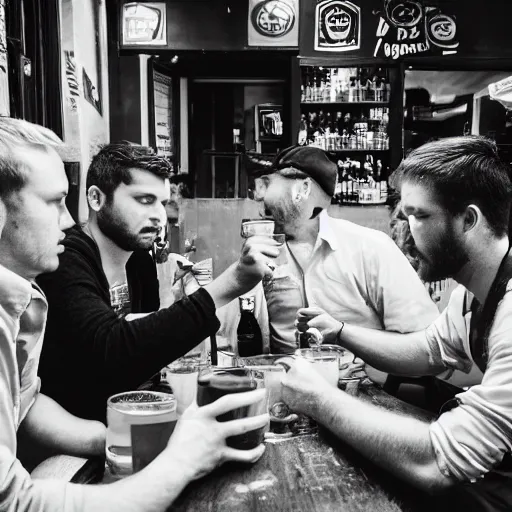 Image similar to a high quality image of five men drinking beer and talking intelligently in pub, detailed photograph, black and white photography, street photography