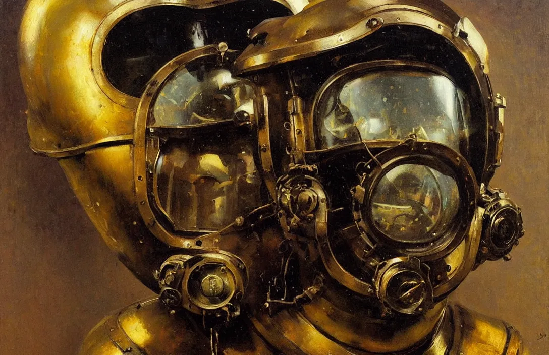 Image similar to portrait of deep sea diver helmet!!!!!!!!!!!!!!!!!!!!!!!!!!!, detailed face, detailed painting, epic lighting, by ilya repin, phil hale and kent williams