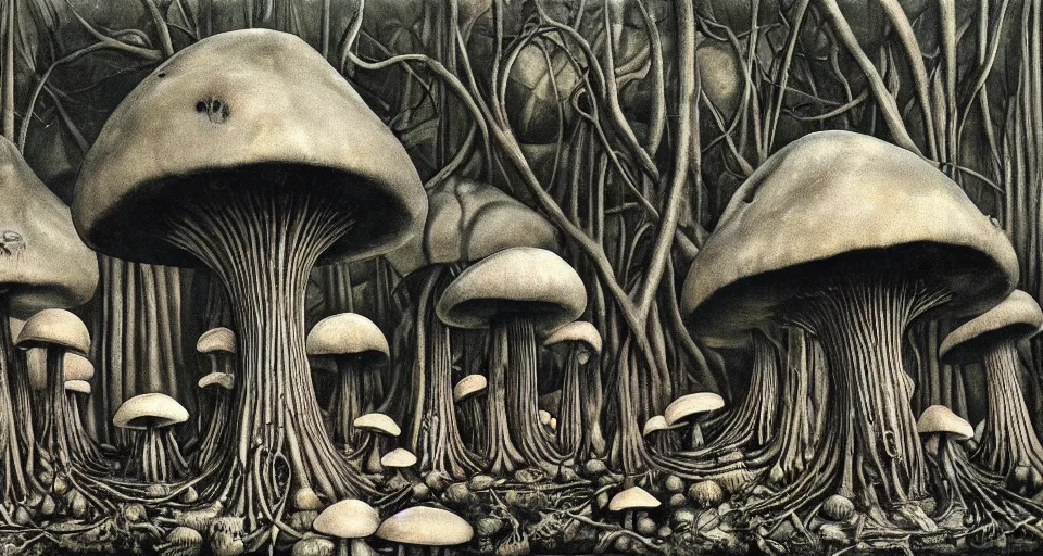 Image similar to A tribal village in a forest of giant mushrooms, by HR Giger