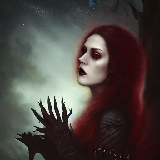 Image similar to portrait of a riveting scottish vampire woman!, atmospheric lighting, gothic makeup, intricate, transylvanian castle, volumetric lighting, beautiful, starlit sky, sharp focus, ultra - detailed, by tom bagshaw leesha hannigan, ross tran, thierry doizon, kai carpenter, ignacio fernandez rios