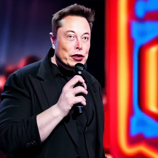 Prompt: elon musk singing with a microphone on americas got talent, tomatoes and anchors being thrown at him, 4 k photograph