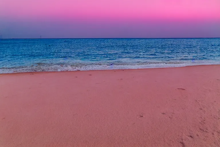 Image similar to a vintage family holiday photo fuji kodak of an empty beach shore with pastel pink sand reflective metallic water and sunbathing equipment at dusk.