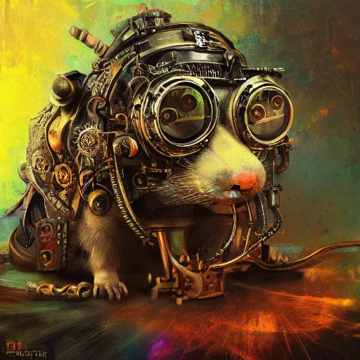 Image similar to steampunk rat, acid, 303, psychedelic, by ruan jia