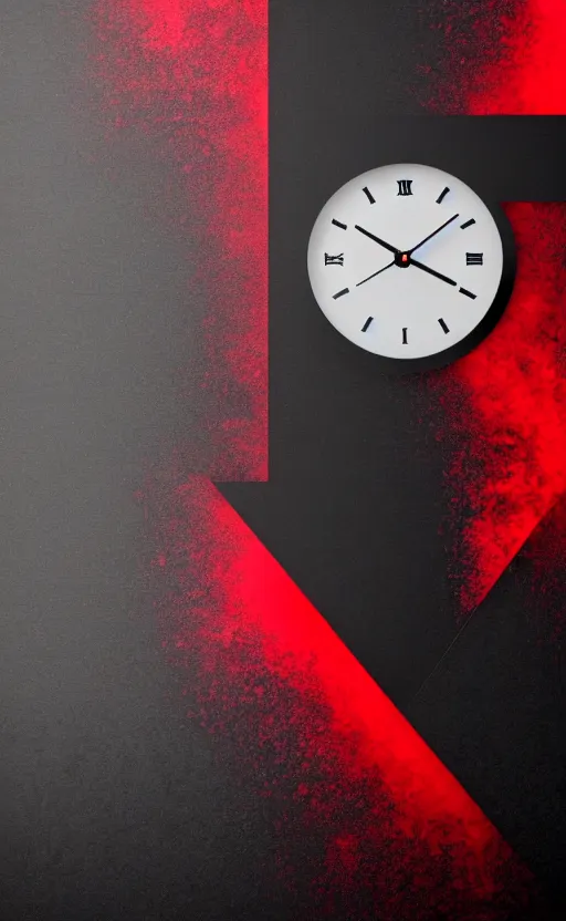 Image similar to a melting Roman numeral clock, behind a red and black gradient background, awith a black heart shaped on the top left corner and a black diamond card shape in the bottom right corner, dynamic lighting, photorealistic fantasy concept art, trending on art station, stunning visuals, cinematic, creative, ultra detailed