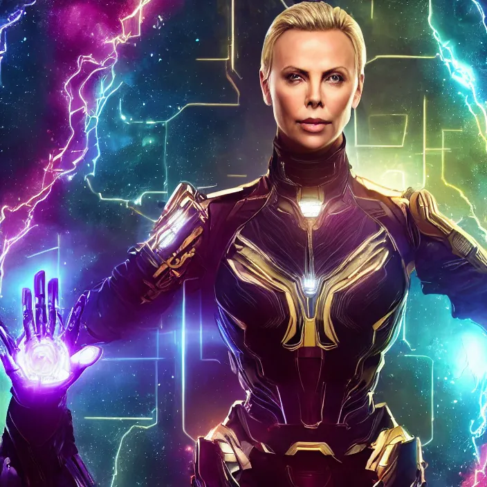 Image similar to portrait of ((Charlize Theron)), wearing The Infinity GAUNTLET. infinity gauntlet. intricate artwork. octane render, trending on artstation, very coherent symmetrical artwork. avengers. thanos. infinity war. cinematic, hyper realism, high detail, octane render, 8k, iridescent accents