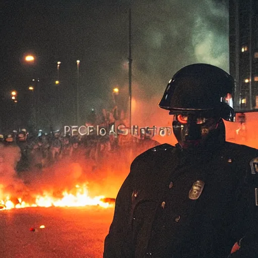 Image similar to portrait of a policeman head on fire during a riot, centered, at night ,editorial photography