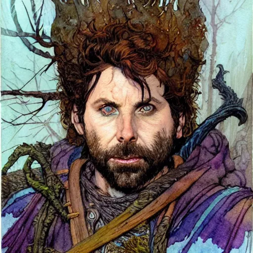 Prompt: a realistic and atmospheric watercolour fantasy character concept art portrait of charlie day as a druidic warrior wizard looking at the camera with an intelligent gaze by rebecca guay, michael kaluta, charles vess and jean moebius giraud